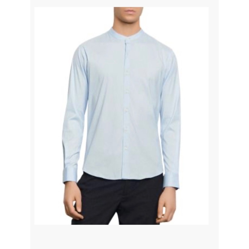 Sandro Paris Mens Slim Fit Band Collar Long Sleeve Shirt Light Blue SHPCM00136